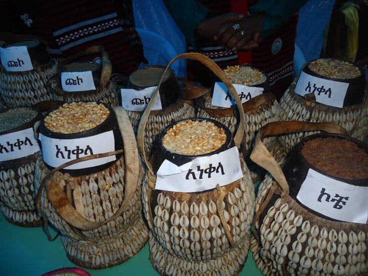 Hadiya Ethiopia: Traditional food in cowry shells decorated storage containers Feb 2015